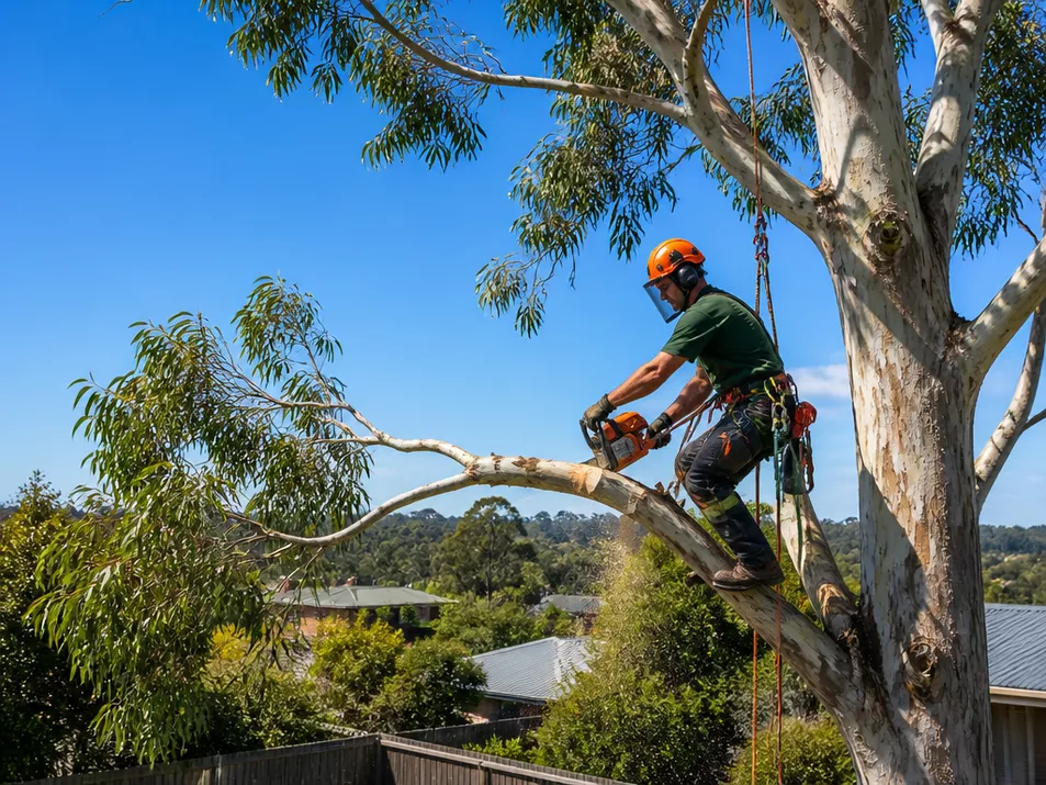 Professional tree removal specialist safely cutting down a tree in Creswick VIC