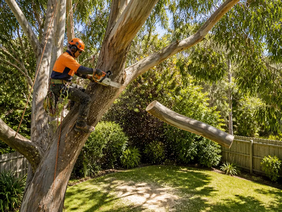 Professional arborist cutting a tree in Glenlyon, Victoria