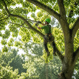 Tree pruning service in Greendale, with an arborist carefully trimming branches.