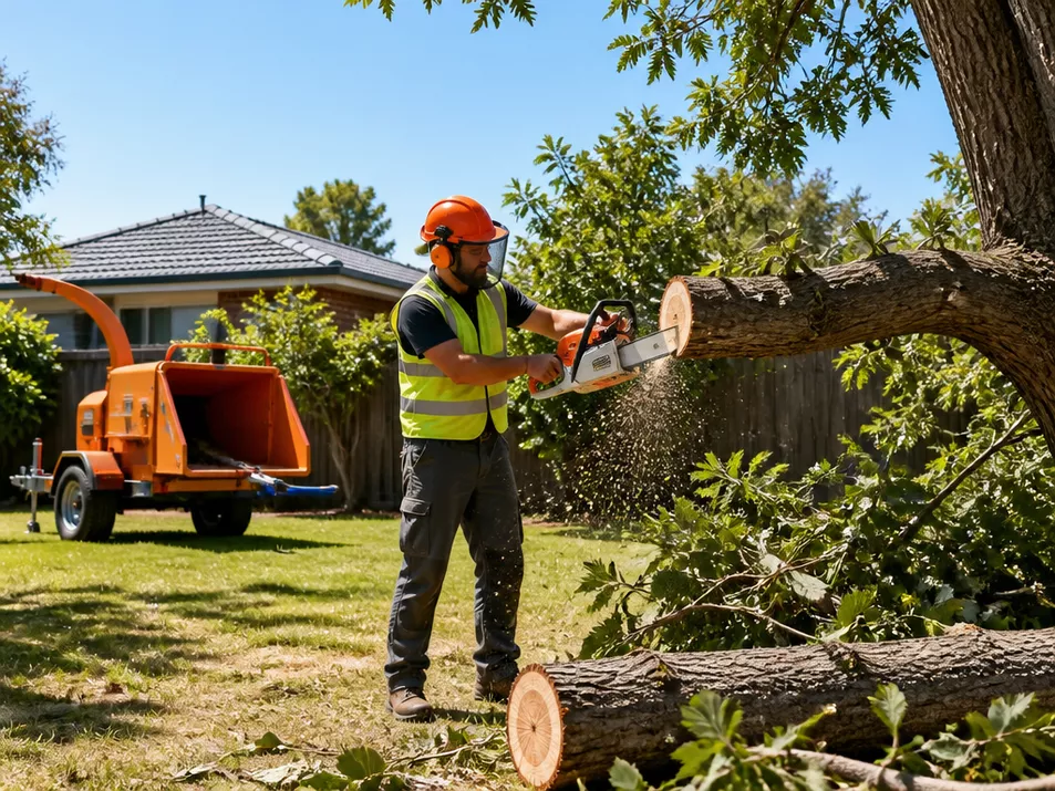 Tree removal specialist safely cutting down a large tree in Kingston, Victoria