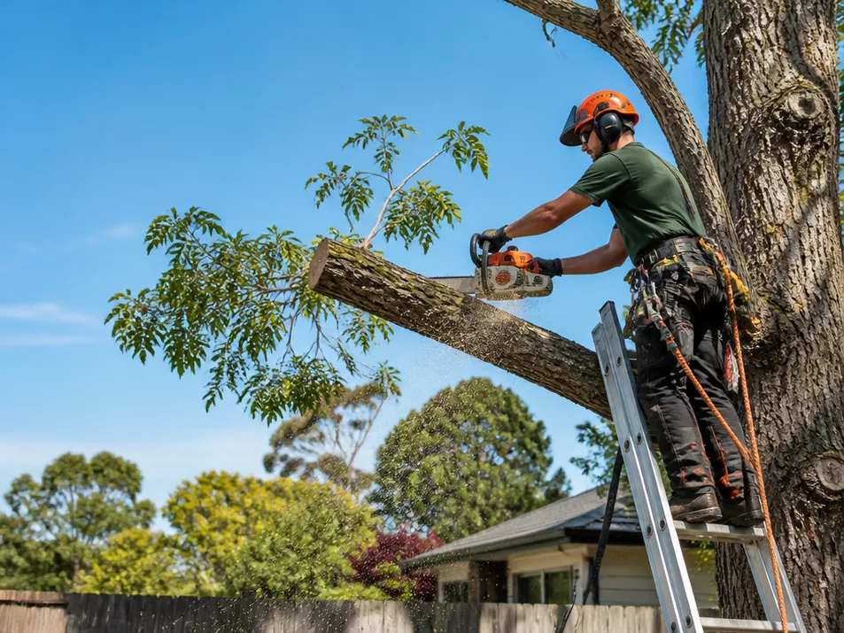Professional tree removalist in Linton, Victoria, safely cutting a large branch.