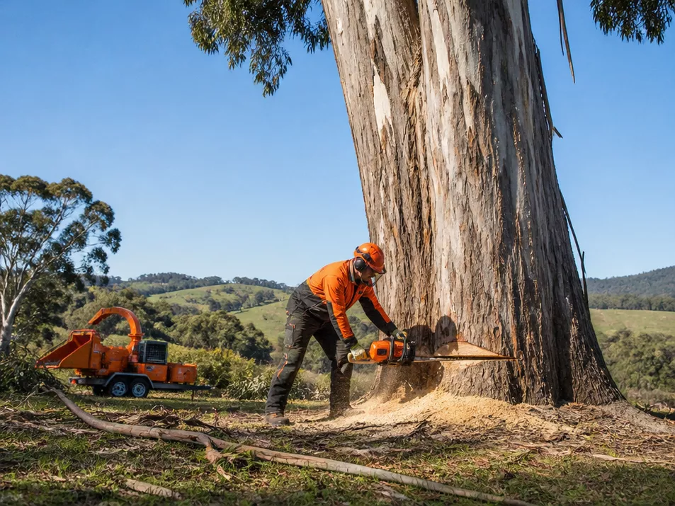 Professional tree removal specialist working on a tree in Meredith, Victoria.