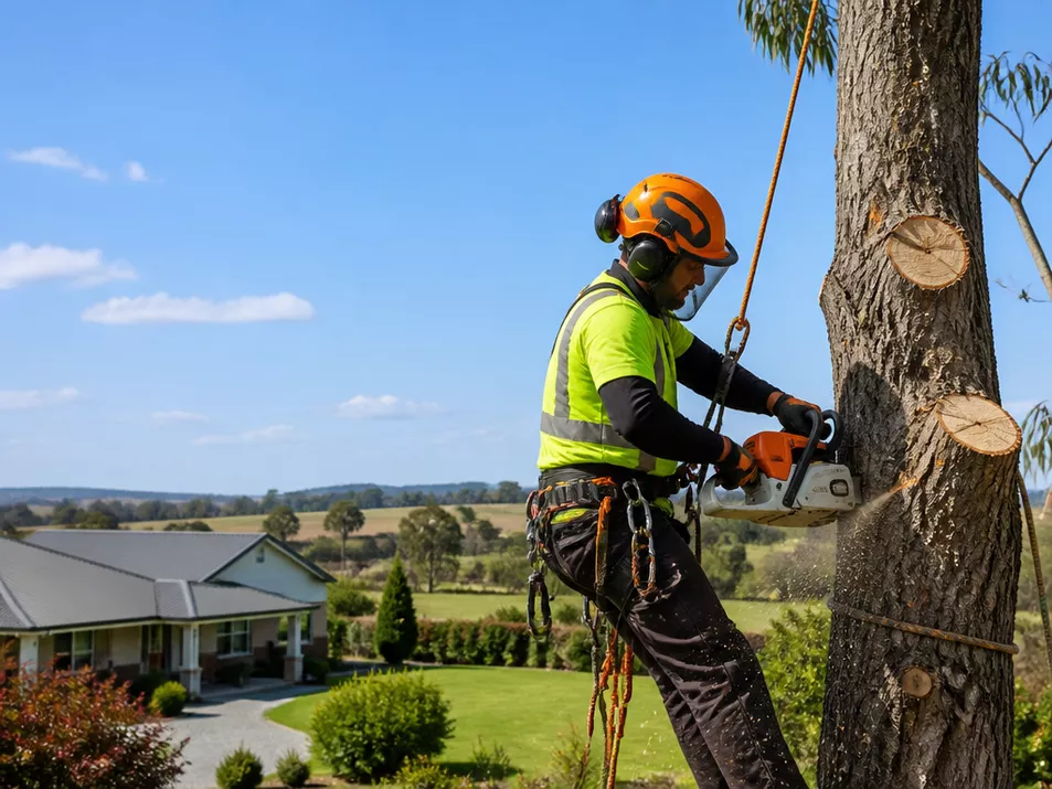 Professional arborist safely removing a large tree in Teesdale, Victoria