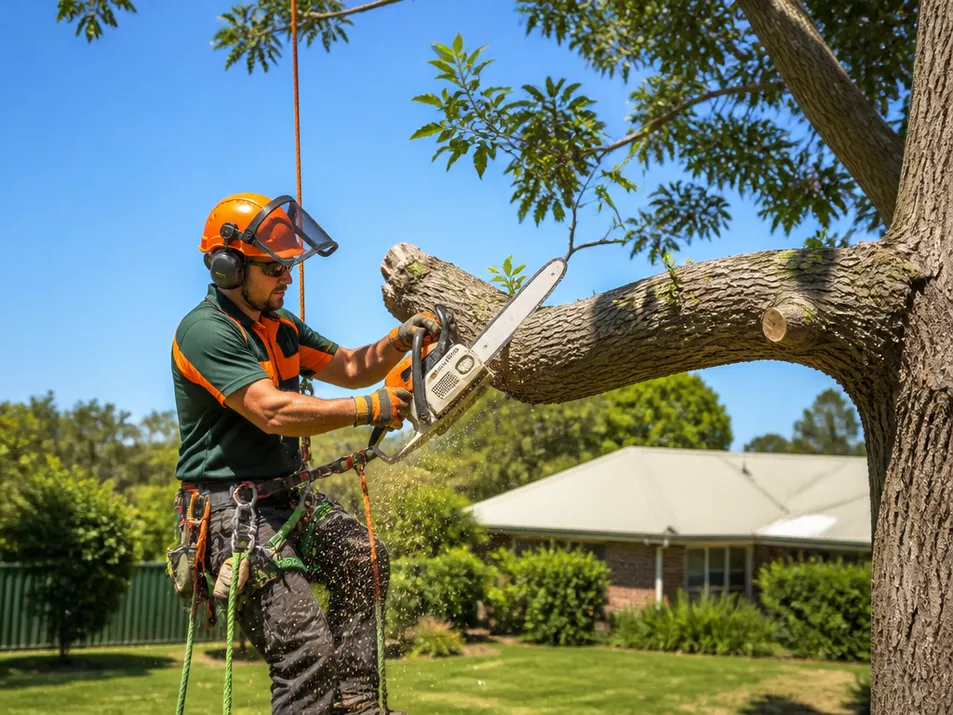 Tree removal specialist safely cutting a tree in Wallace, Victoria.