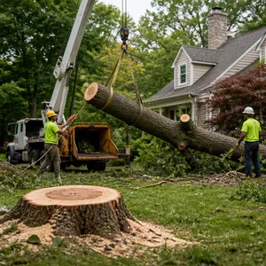 Hazardous tree removal near a fence line in Scarsdale